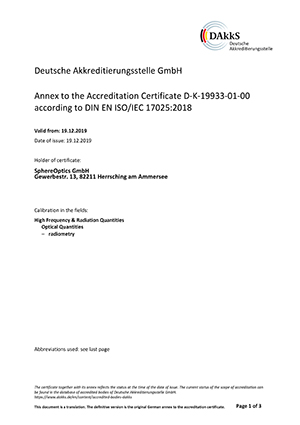 Sphereoptics社は、国際標準規格 ISO 17025 の第三者認定機関です